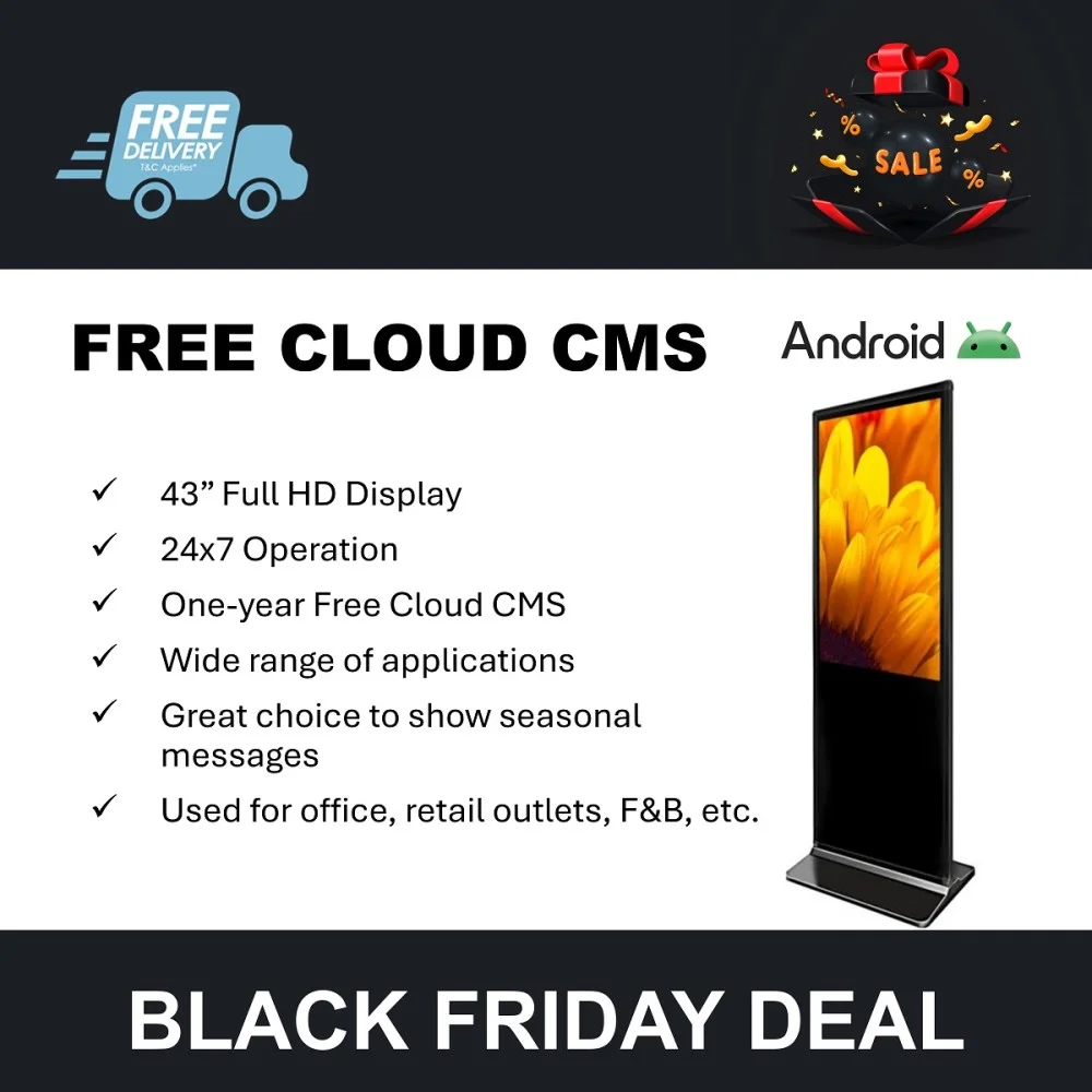 43" Floor Stand Digital Signage Display, Built-in Android, One year CMS included